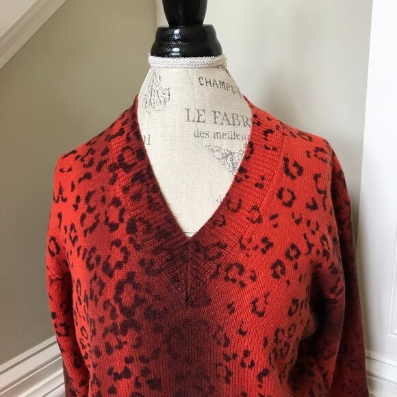 Brochu Walker Looker Layered Sweater Womens XS Red Orange Leopard V-Neck Wool - Picture 6 of 11
